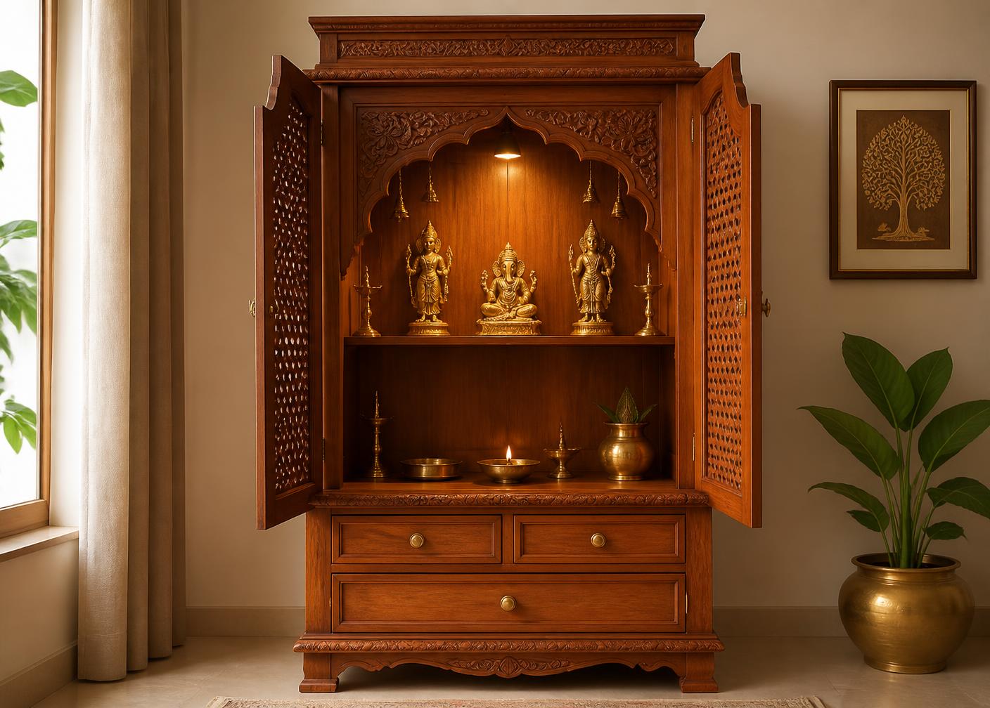 Custom wooden Hindu mandir prayer unit with carved arch and drawers