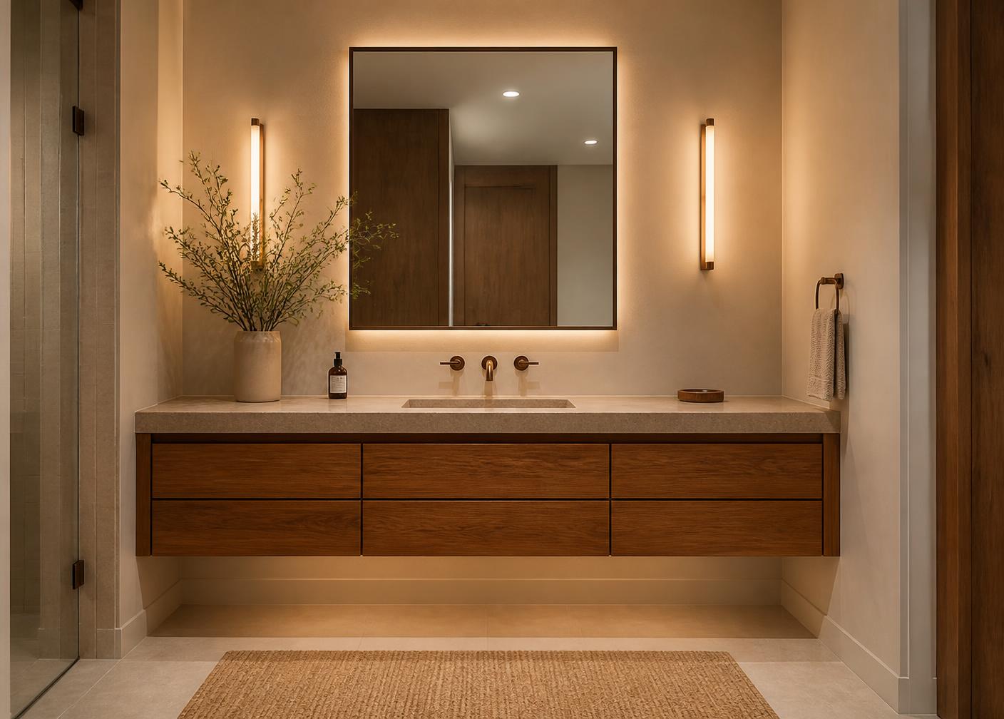 Custom floating bathroom vanity in warm teak with stone counter